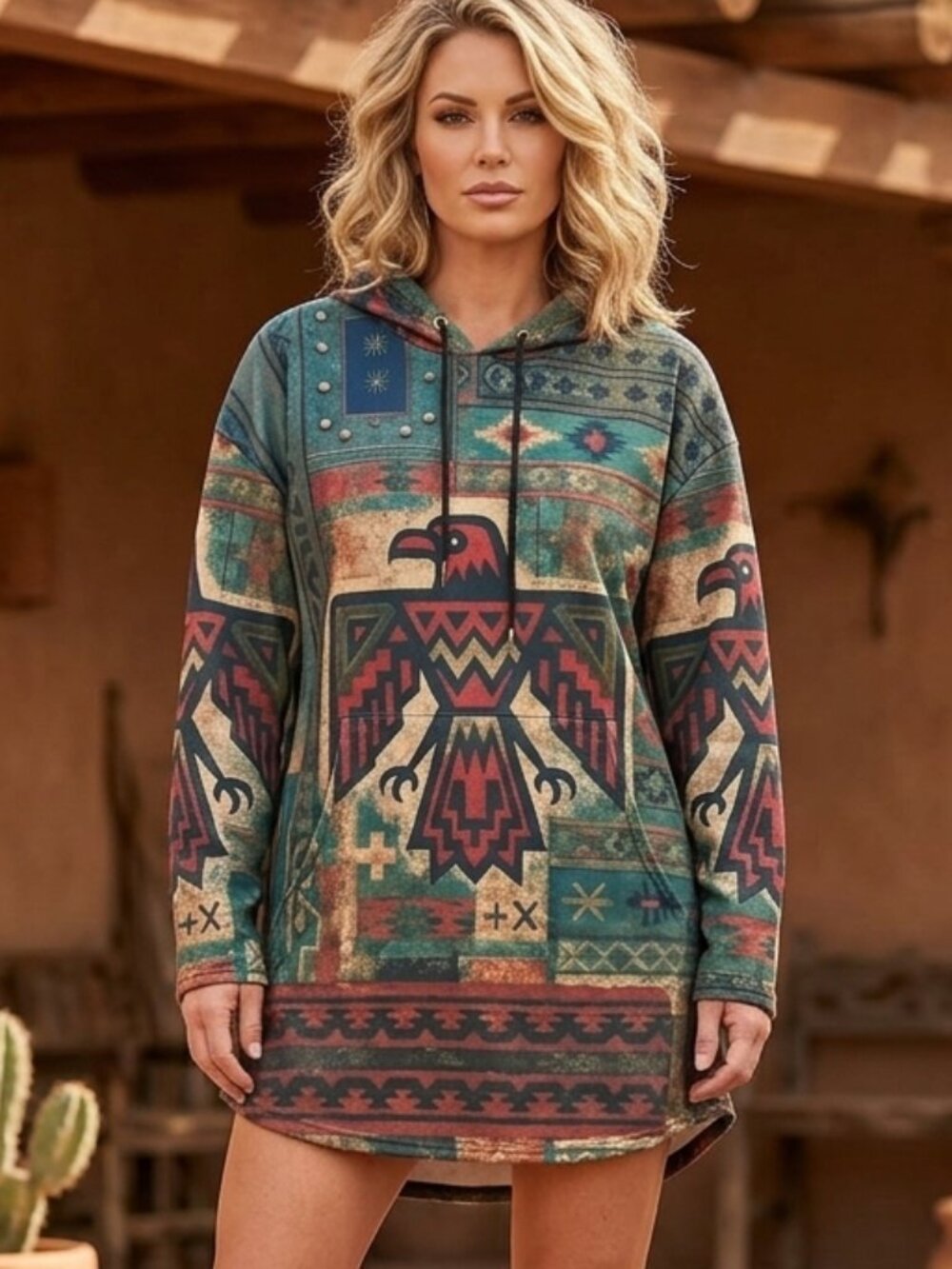 American Western Eagle Tribal Southwestern Hoodie Pullover Mini Dress Size 2xl